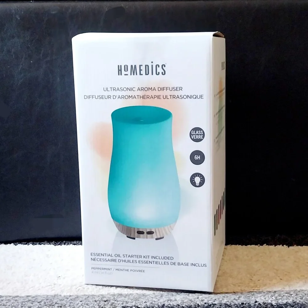NWT Homedics Ultrasonic Wood Style Bottom Aroma Diffuser-Blue, Midsized